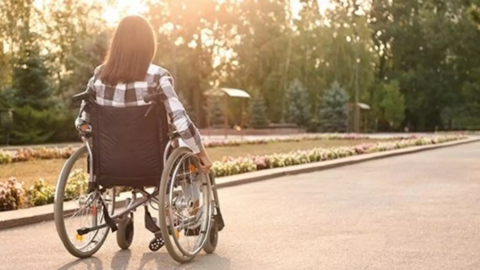 Imagen de una mujer en silla de ruedas paseando por un parque