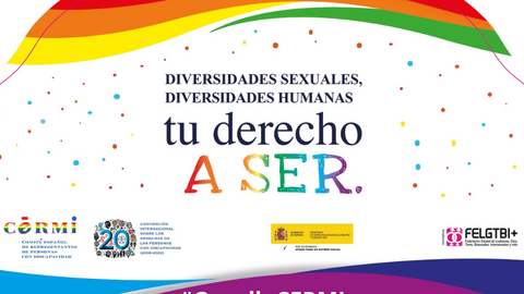 Cartel del I Congreso Estatal de Personas con Discapacidad LGTBI+ del CERMI. Sobre fondo claro aparece una gran franja ondulada con los colores de la bandera arco&iacute;ris en la parte superior y formas curvas en tonos morados y azules en la parte inferior. En el centro se lee el lema: &ldquo;Diversidades sexuales, diversidades humanas, tu derecho a ser&rdquo;, destacando la frase &ldquo;A SER&rdquo; en letras multicolor. &nbsp;&ldquo;#OrgulloCERMI&rdquo;