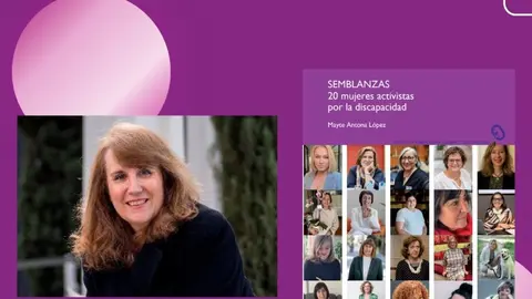 Infograf&iacute;a del acto de presentaci&oacute;n del libro de Mayte Antona. En la parte izquierda aparece la imagen de Mayte Antona, en la parte derecha aparece la cubierta de la publicaci&oacute;n.