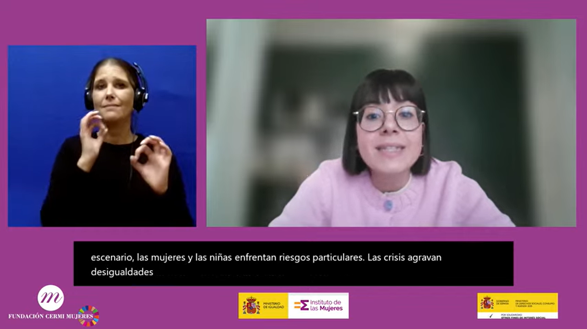 Imagen Sara De Torres en el XVI Encuentro del Observatorio de FCM. Aparece la ILSE. Logotipos de FCM, Instituto de las Mujeres y Agenda 2030.