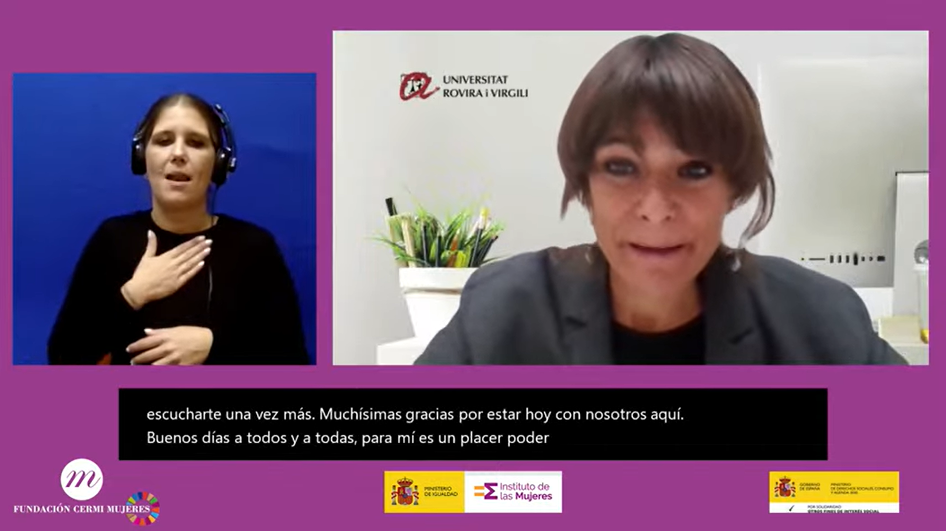 Imagen de Susana Borràs-Pentinat en el XVI Encuentro del Observatorio de FCM. Aparece la ILSE. Logotipos de FCM, Instituto de las Mujeres y Agenda 2030.