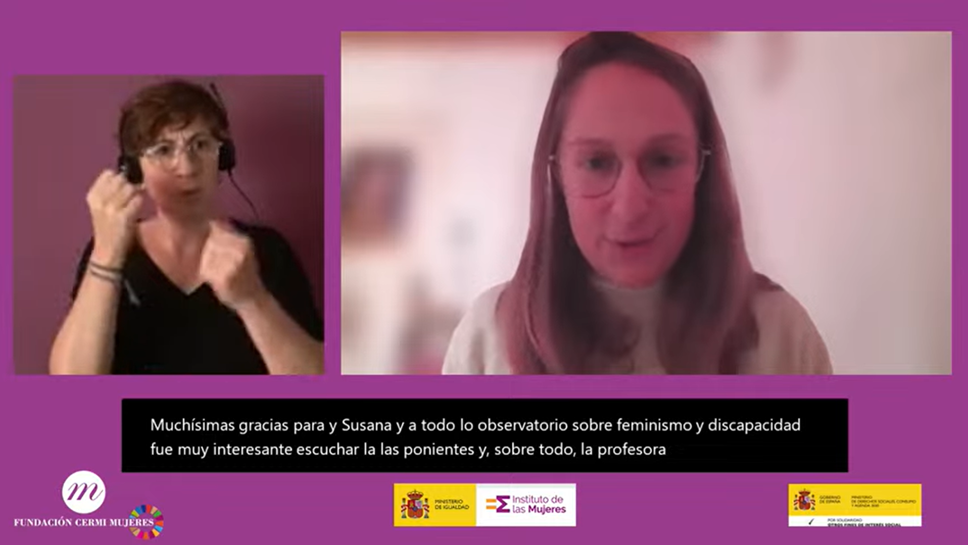 Imagen de Guilia Traversi en el XVI Encuentro del Observatorio de FCM. Aparece la ILSE. Logotipos de FCM, Instituto de las Mujeres y Agenda 2030.