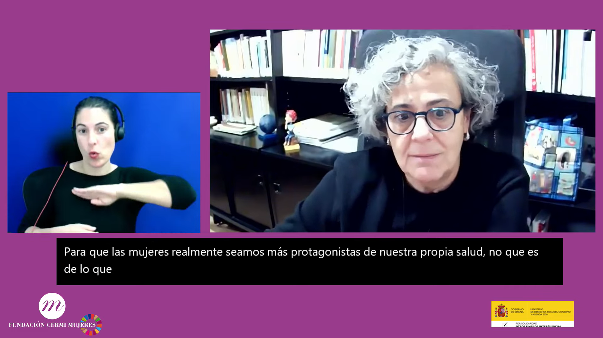 Imagen de Pilar Pascual en el XX Aula de DDHH. Aparece la ILSE y la subtitulación. Aparecen los logotipos de FCM y Agenda 2030