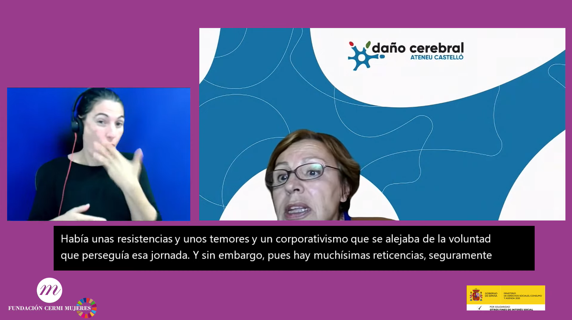 Imagen de Amalia Diéguez en el XX Aula de DDHH. Aparece la ILSE y la subtitulación. Aparecen los logotipos de FCM y Agenda 2030.